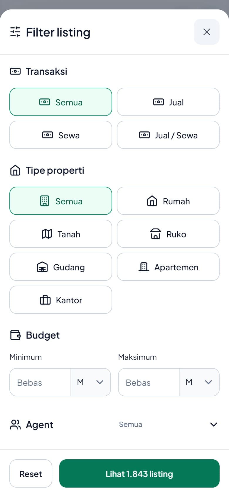 Panel filter transaksi, tipe properti, budget, dan agent.