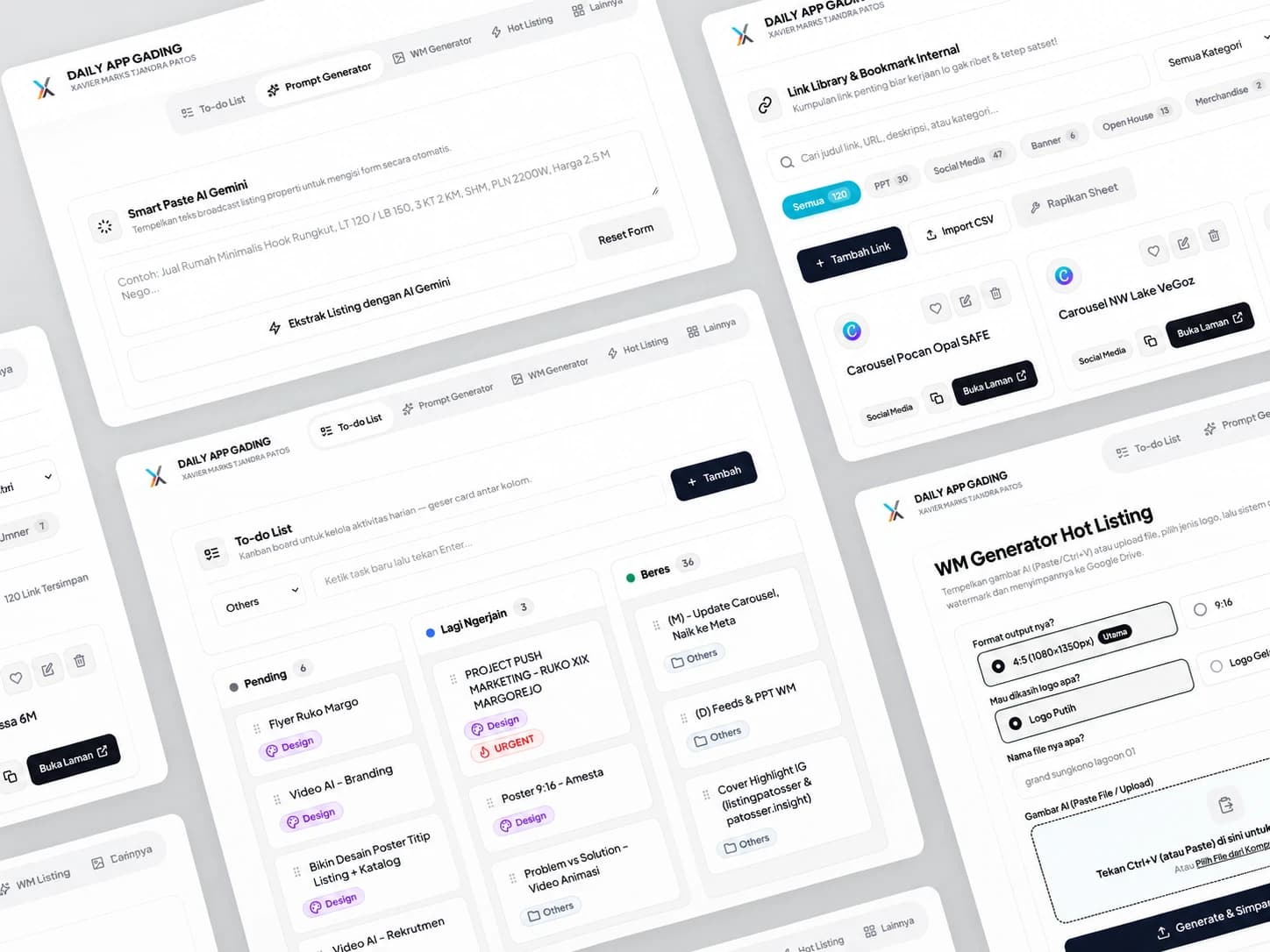Grid diagonal UI Daily App Gading dengan panel sejajar dan jarak konsisten, menampilkan Kanban, Prompt Generator, Link Library, dan Watermark Generator.
