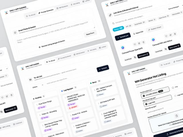 Grid diagonal UI Daily App Gading dengan panel sejajar dan jarak konsisten, menampilkan Kanban, Prompt Generator, Link Library, dan Watermark Generator.