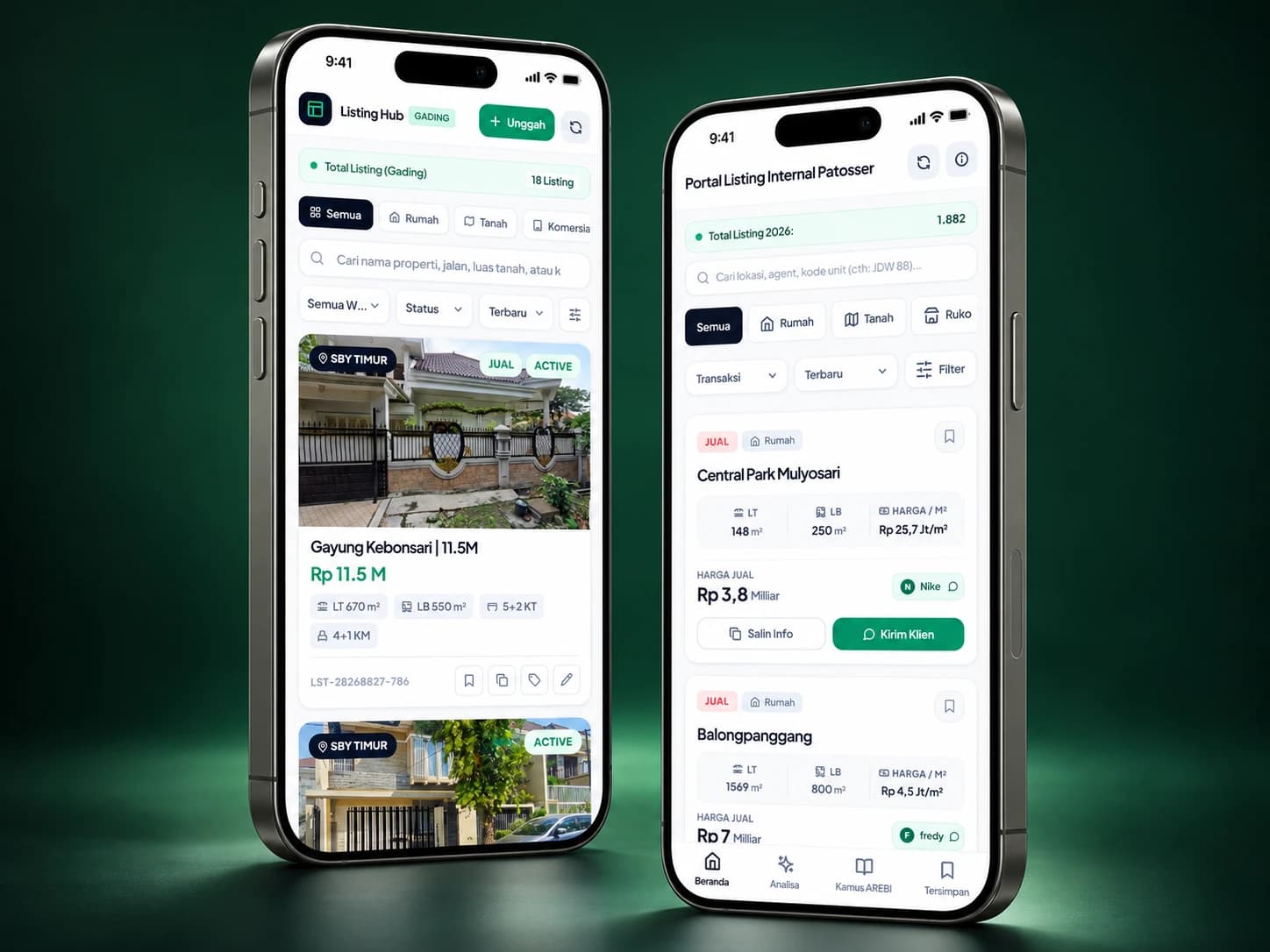 Mockup mobile All Database dan Personal Listing dalam dua ponsel berlatar hijau gelap.