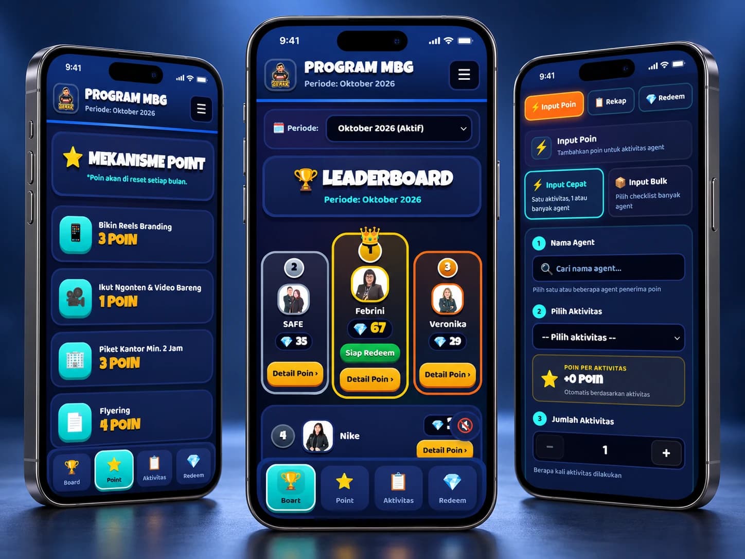 Mockup tiga ponsel PROGRAM MBG: mekanisme poin, leaderboard, dan input aktivitas admin.