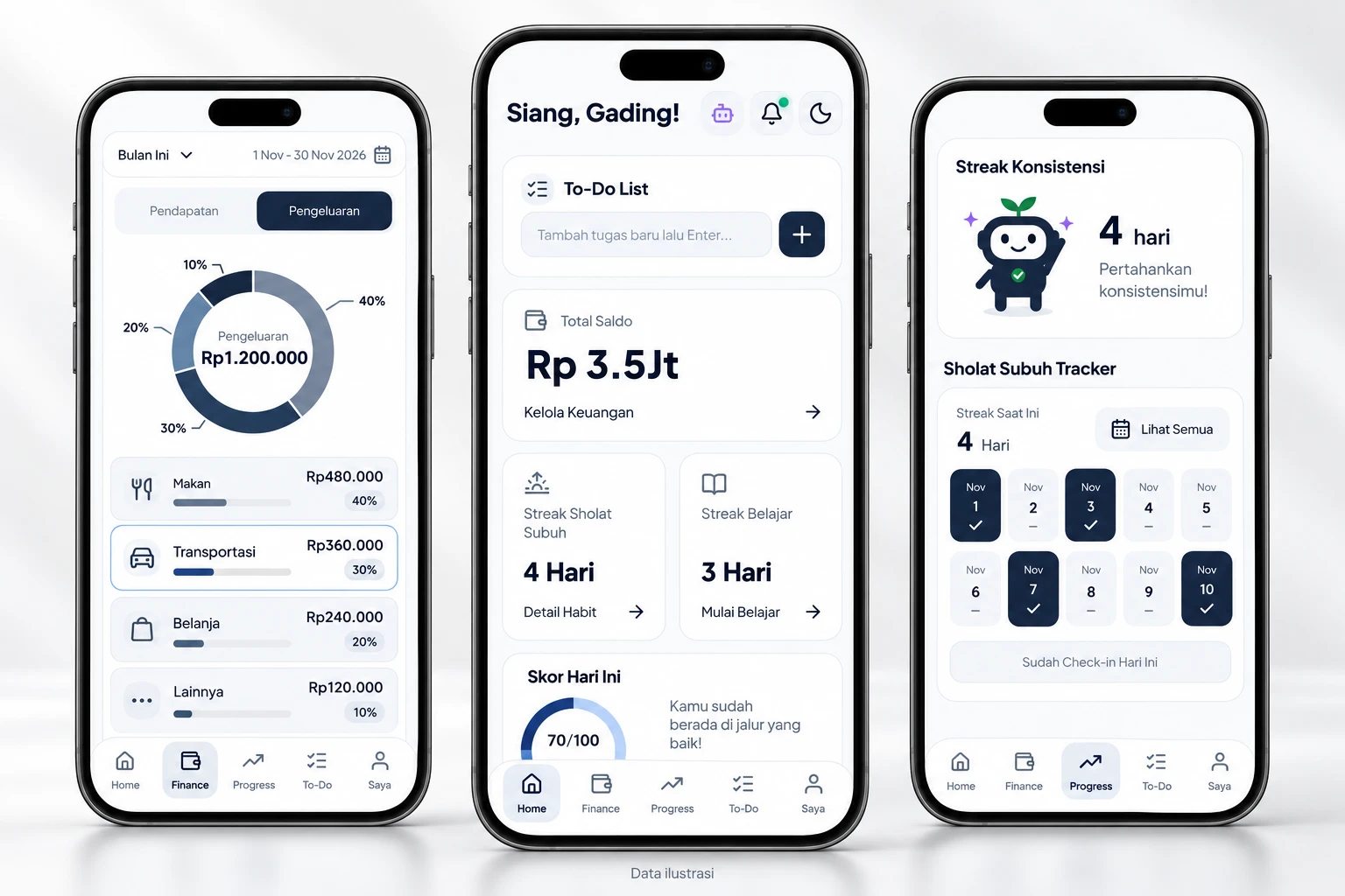 Mockup tiga ponsel Daily App Gading