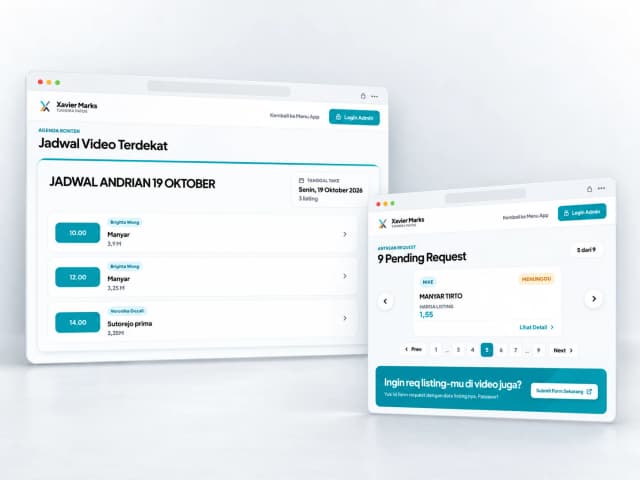 Mockup Req Take Video dengan jadwal take video dan antrean request dalam dua panel browser berlatar white silver.